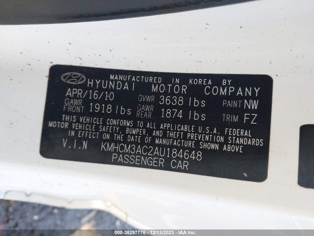 2010 HYUNDAI ACCENT GS VIN: KMHCM3AC2AU184648