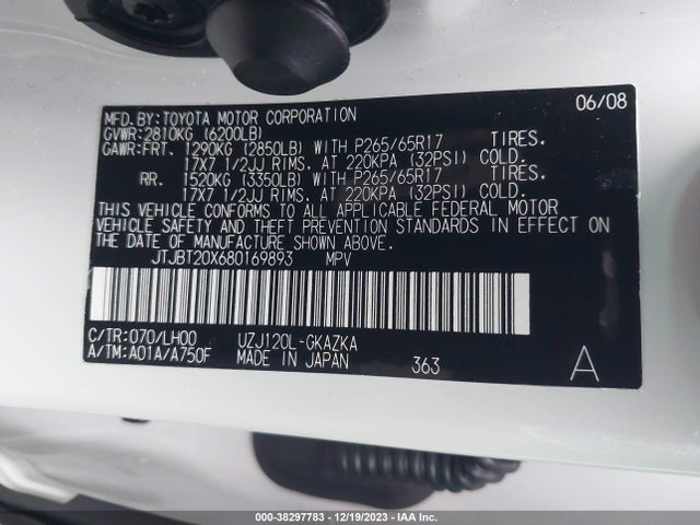 2008 LEXUS GX 470 VIN: JTJBT20X680169893