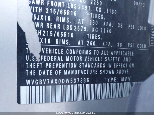 2013 VOLKSWAGEN TIGUAN S VIN: WVGBV7AX0DW537836