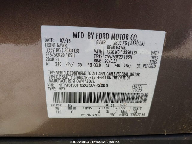 38298024 :رقم المزاد ، 1FM5K8F82GGA42288 vin ، 2016 Ford Explorer Limited مزاد بيع