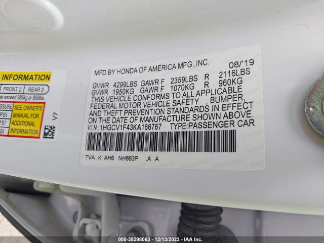 Honda ACCORD EX 2019 1HGCV1F43KA166767 Image 9