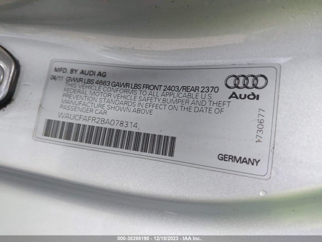 2011 AUDI A5 2.0T PREMIUM VIN: WAUCFAFR2BA078314
