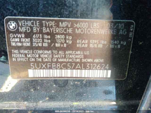 2010 BMW X5 XDRIVE48I VIN: 5UXFE8C57AL312624