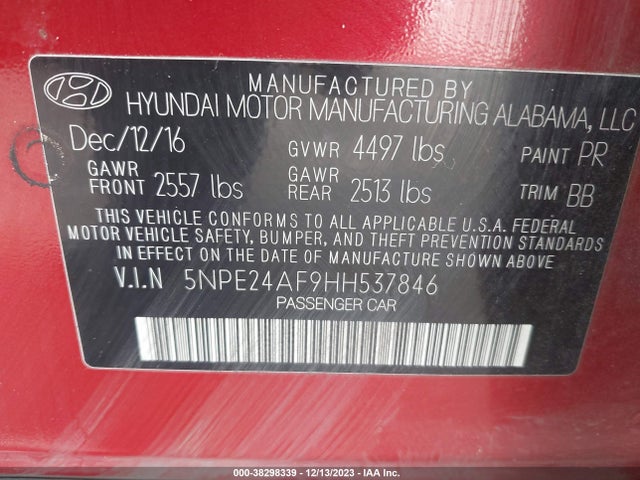 Hyundai SONATA SE 2017 5NPE24AF9HH537846 Image 9