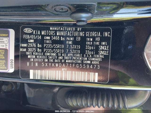 2015 KIA SORENTO SX V6 VIN: 5XYKWDA71FG559473