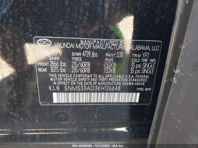 2019 HYUNDAI SANTA FE SEL PLUS VIN: 5NMS33AD3KH126648
