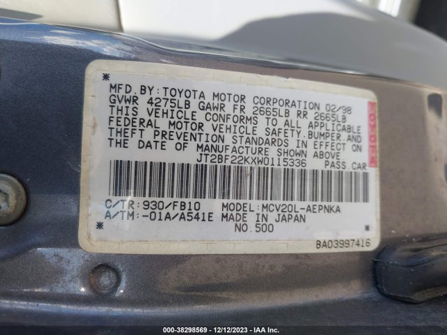 1998 TOYOTA CAMRY CE V6/LE V6/XLE V6 VIN: JT2BF22KXW0115336