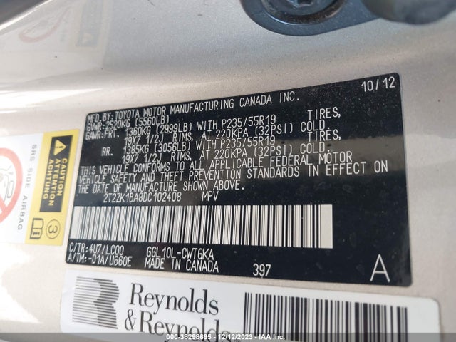 2013 LEXUS RX 350 VIN: 2T2ZK1BA8DC102408