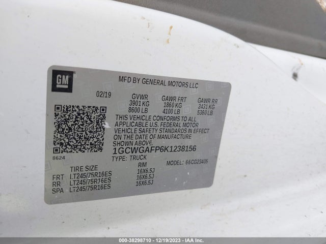 2019 CHEVROLET EXPRESS 2500 WORK VAN VIN: 1GCWGAFP6K1238156