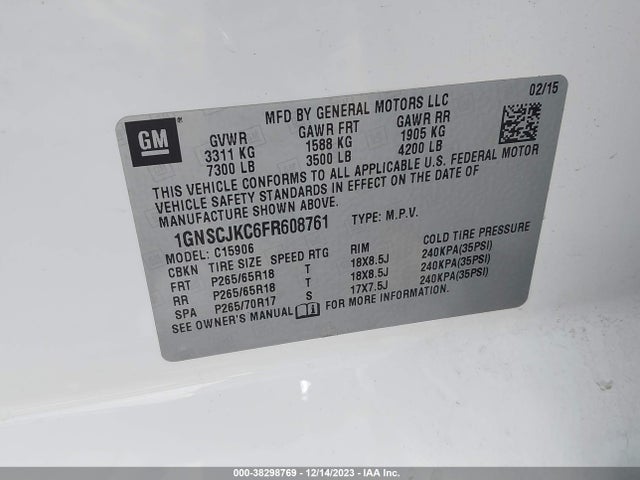 Chevrolet Suburban 1500 Lt 2015 1GNSCJKC6FR608761 Image 9