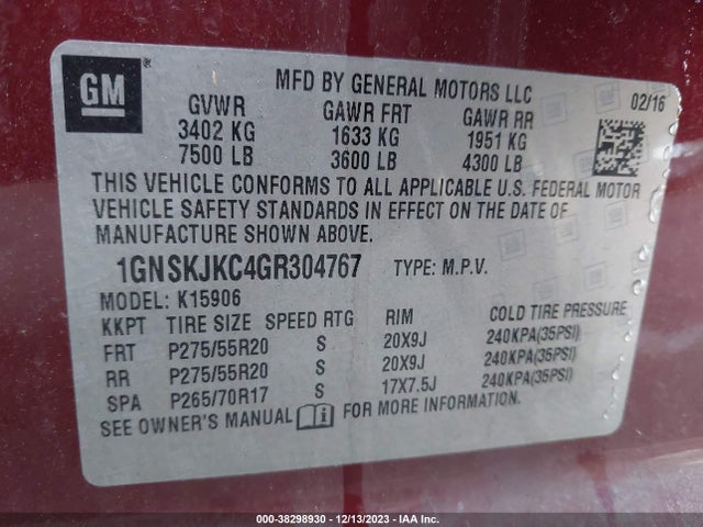 Chevrolet Suburban Ltz 2016 1GNSKJKC4GR304767 Image 9