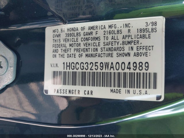 1998 HONDA ACCORD EX VIN: 1HGCG3259WA004989