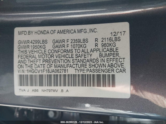 Honda ACCORD LX 2018 1HGCV1F18JA062781 Image 9