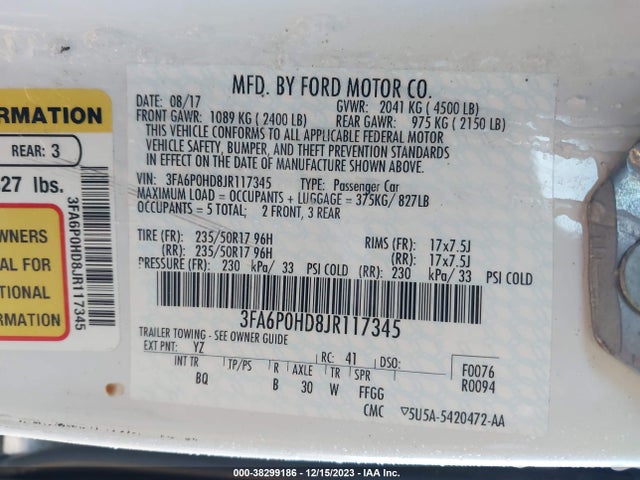 Ford FUSION SE 2018 3FA6P0HD8JR117345 Image 9