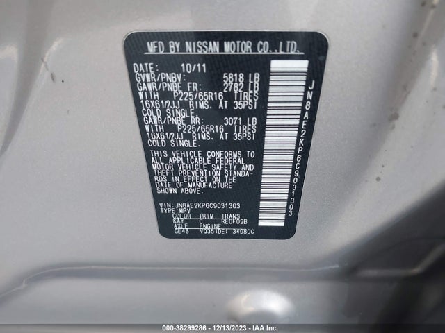 2012 NISSAN QUEST S VIN: JN8AE2KP6C9031303