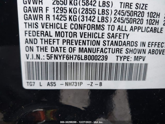 5FNYF6H76LB000239 Honda Pilot Awd Black Edition