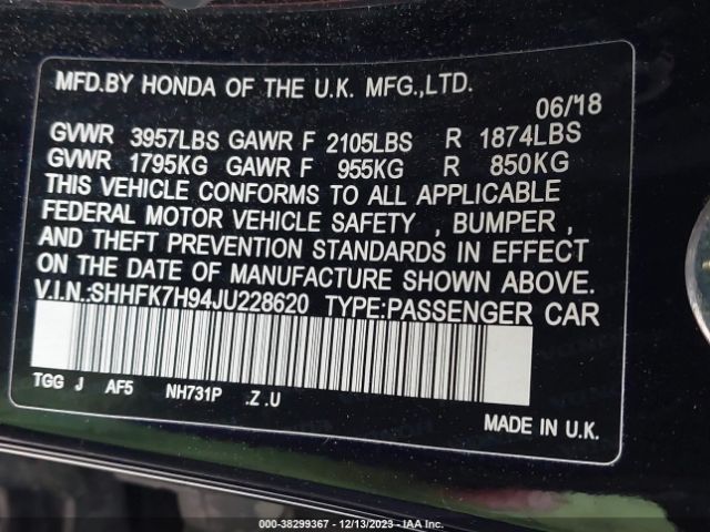 SHHFK7H94JU228620 Honda Civic Sport Touring