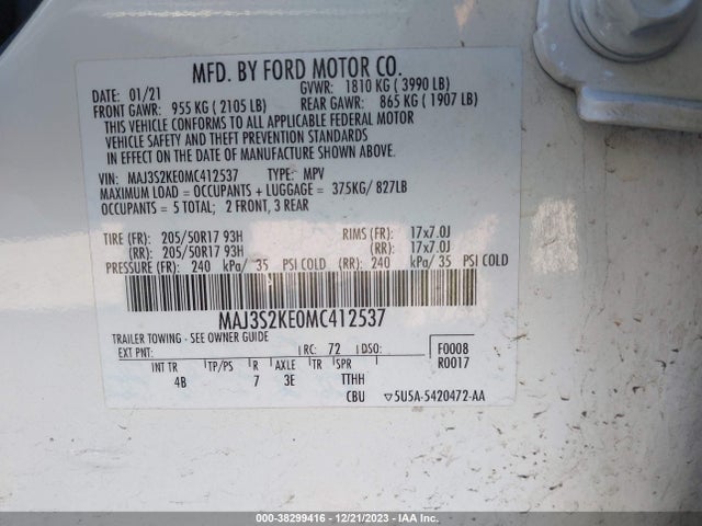 2021 FORD ECOSPORT TITANIUM VIN: MAJ3S2KE0MC412537