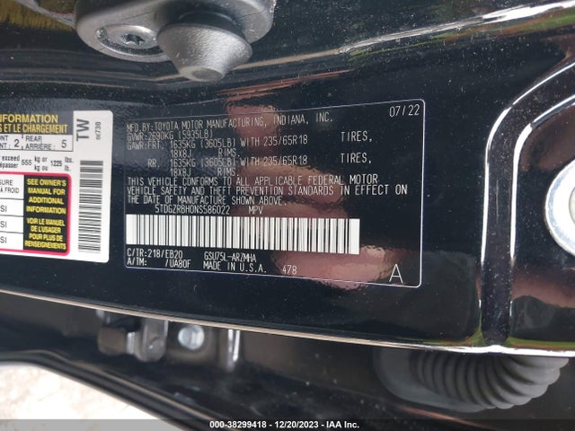Toyota Highlander Xle 2022 5TDGZRBH0NS586022 Image 9