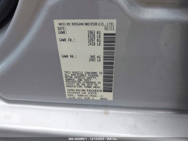 2021 NISSAN ALTIMA SV FWD VIN: 1N4BL4DV1MN360809