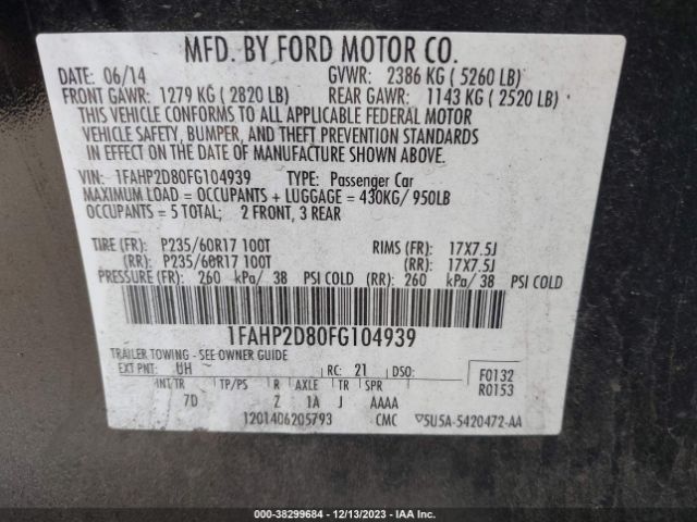 1FAHP2D80FG104939 Ford TAURUS SE