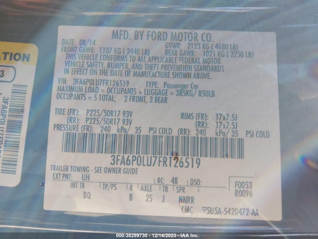 2015 FORD FUSION HYBRID SE VIN: 3FA6P0LU7FR126519