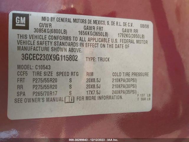 2009 CHEVROLET SILVERADO 1500 LT VIN: 3GCEC230X9G115802