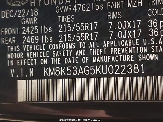 2019 HYUNDAI KONA EV ULTIMATE VIN: KM8K53AG5KU022381