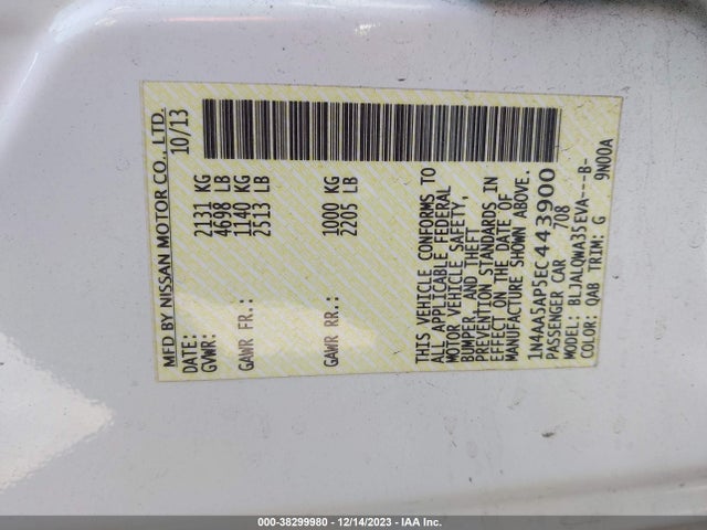 2014 NISSAN MAXIMA 3.5 S VIN: 1N4AA5AP5EC443900