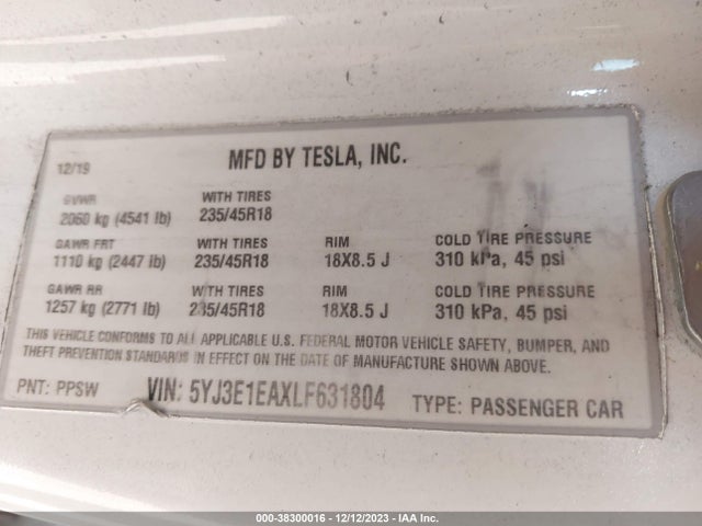 Tesla Model 3 Standard Range Plus Rear-wheel Drive/standard Range Rear-wheel Drive 2020 5YJ3E1EAXLF631804 Image 8