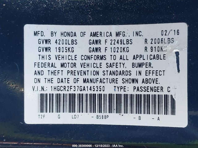 Honda ACCORD LX 2016 1HGCR2F37GA145350 Image 9