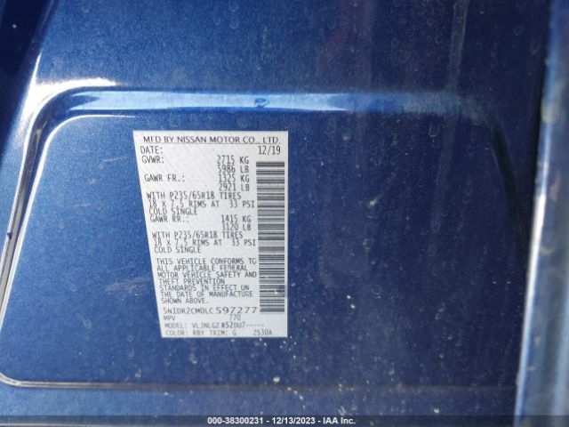 5N1DR2CM0LC597277 Nissan Pathfinder Sl 4wd
