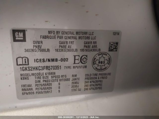 1GKS2HKC3FR570351 GMC Yukon Xl 1500 Slt
