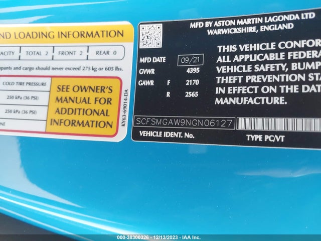 2022 ASTON MARTIN VANTAGE F1 EDITION VIN: SCFSMGAW9NGN06127