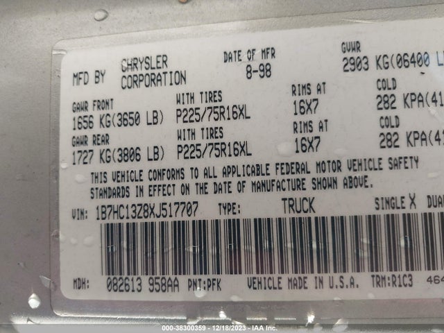 1999 DODGE RAM 1500 ST VIN: 1B7HC13Z8XJ517707
