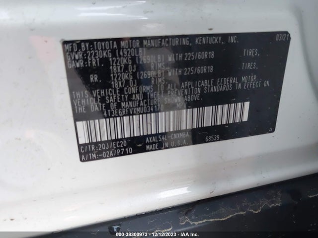 2021 TOYOTA RAV4 XSE HYBRID VIN: 4T3E6RFVXMU034170