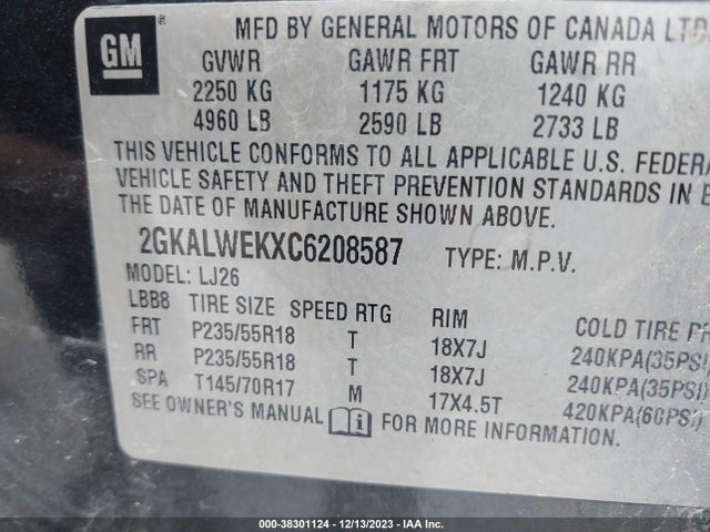 2012 GMC TERRAIN SLT-2 VIN: 2GKALWEKXC6208587