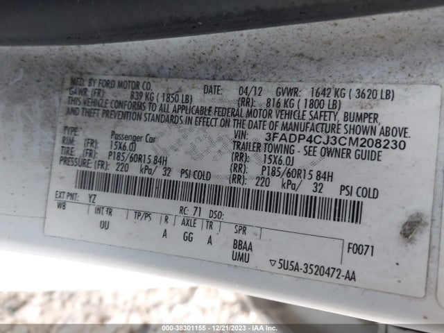 2012 FORD FIESTA SEL VIN: 3FADP4CJ3CM208230