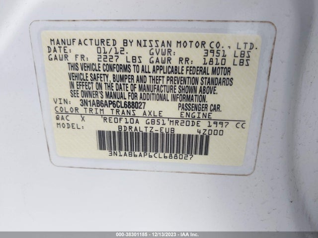 2012 NISSAN SENTRA 2.0 SR VIN: 3N1AB6AP6CL688027