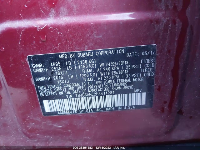 Subaru Outback 2.5i Limited 2017 4S4BSANC2H3414284 Image 9