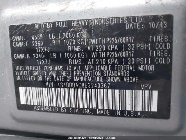 Subaru Outback 2.5i 2014 4S4BRBAC8E3240367 Image 9