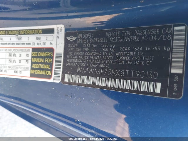 2008 MINI COOPER S WMWMF735X8TT90130 Photo 8