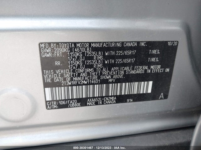 2021 TOYOTA RAV4 XLE VIN: 2T3W1RFV2MW114601