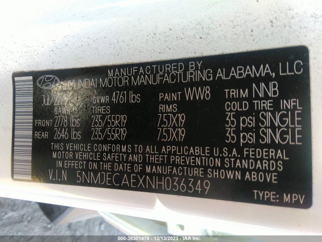 2022 HYUNDAI TUCSON LIMITED VIN: 5NMJECAEXNH036349