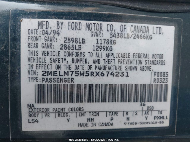 1994 MERCURY GRAND MARQUIS LS VIN: 2MELM75W5RX674231