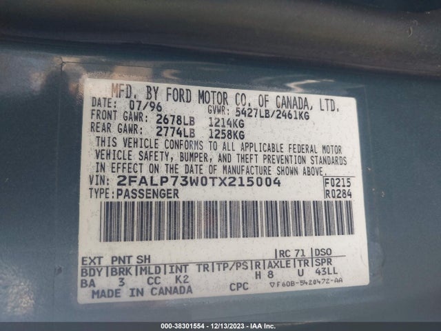 1996 FORD CROWN VICTORIA VIN: 2FALP73W0TX215004