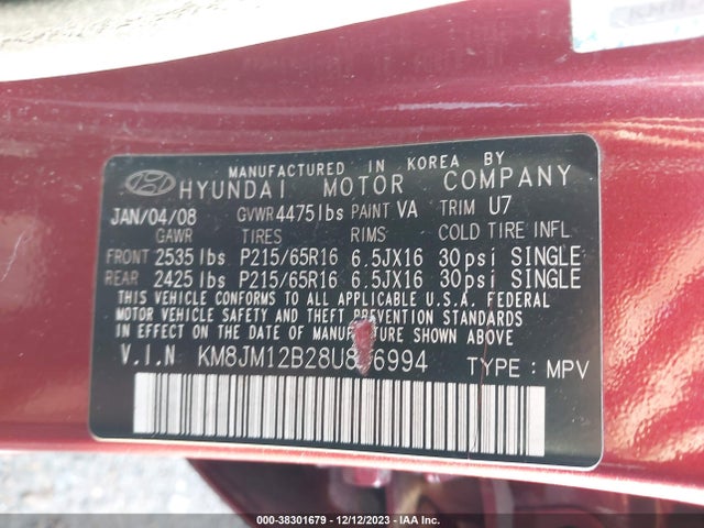 2008 HYUNDAI TUCSON GLS VIN: KM8JM12B28U856994
