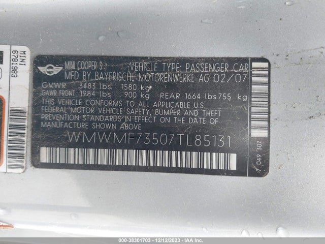 2007 MINI COOPER S WMWMF73507TL85131 Photo 8