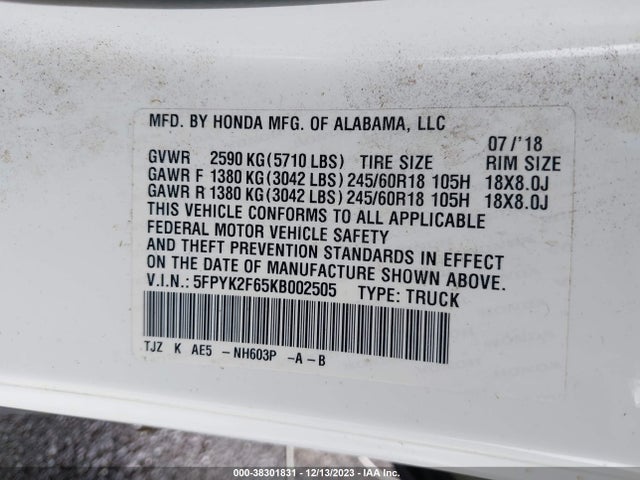 Honda Ridgeline Rtl-t 2019 5FPYK2F65KB002505 Image 9