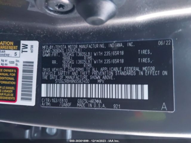 Toyota Highlander Xle 2022 5TDGZRBH8NS582400 Image 9